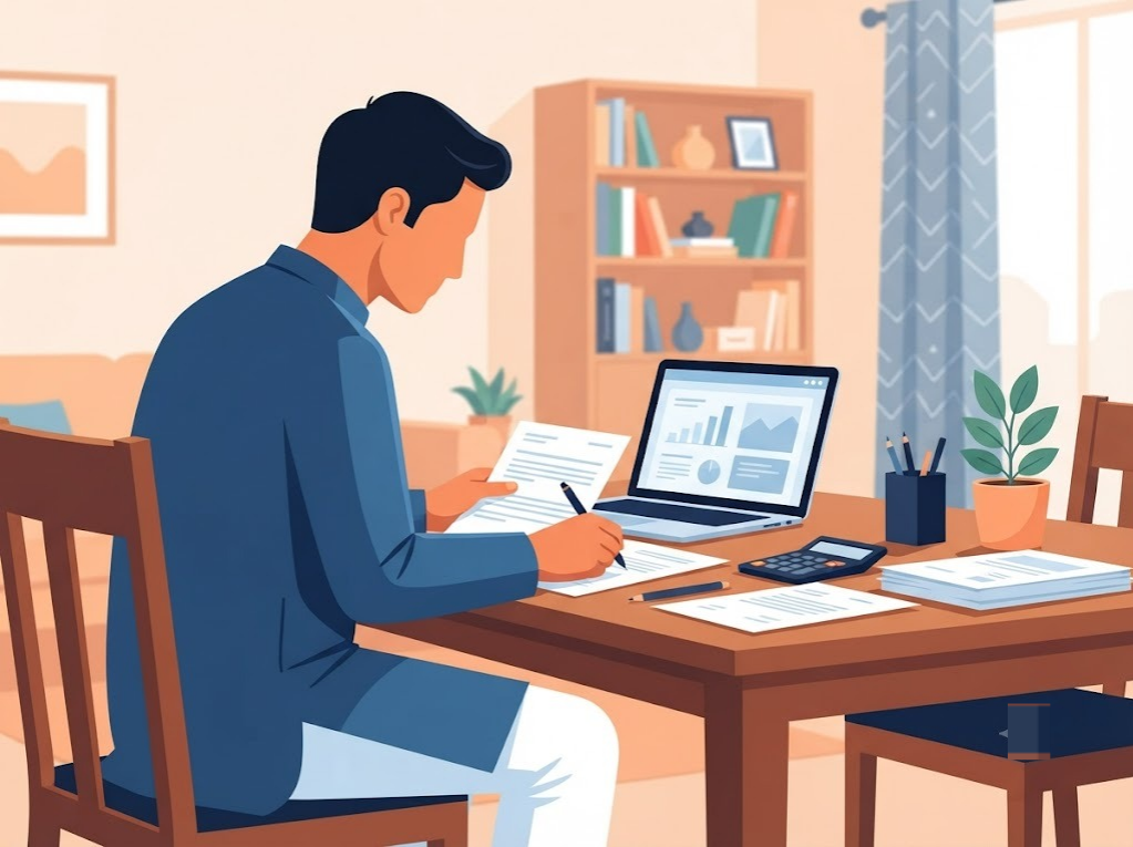 Indian man reviewing loan documents at home table, bajaj finserv loan restructuring concept illustration