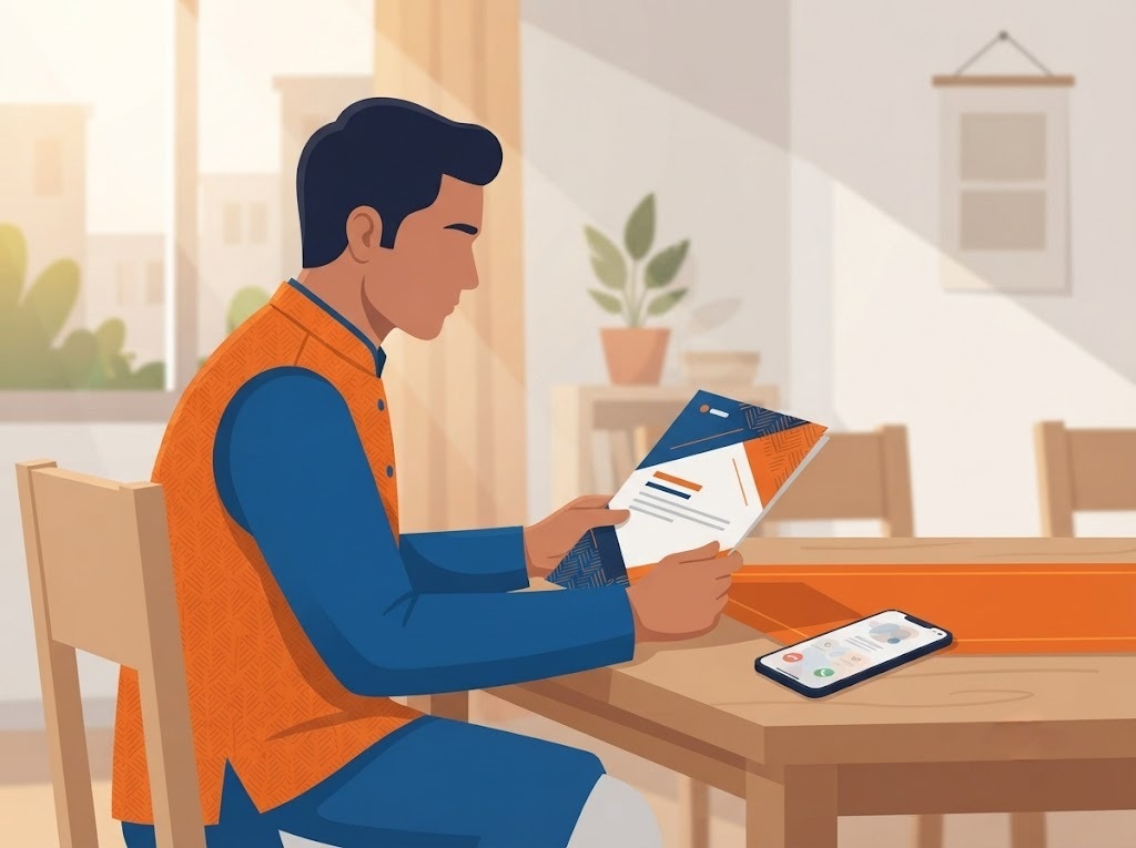 Borrower reviewing loan documents before submitting an online loan application using a smartphone and paperwork.