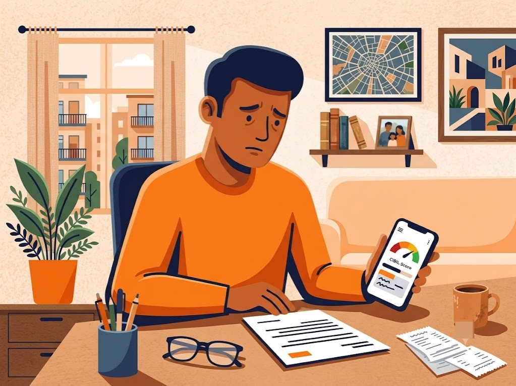 Flat illustration showing bounced cheque process impact on CIBIL score in India