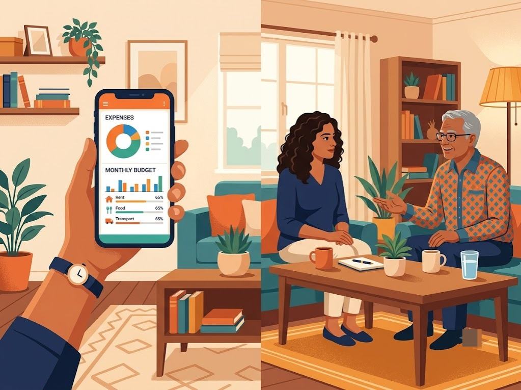Indian person comparing a budget app screen with a financial counseling conversation