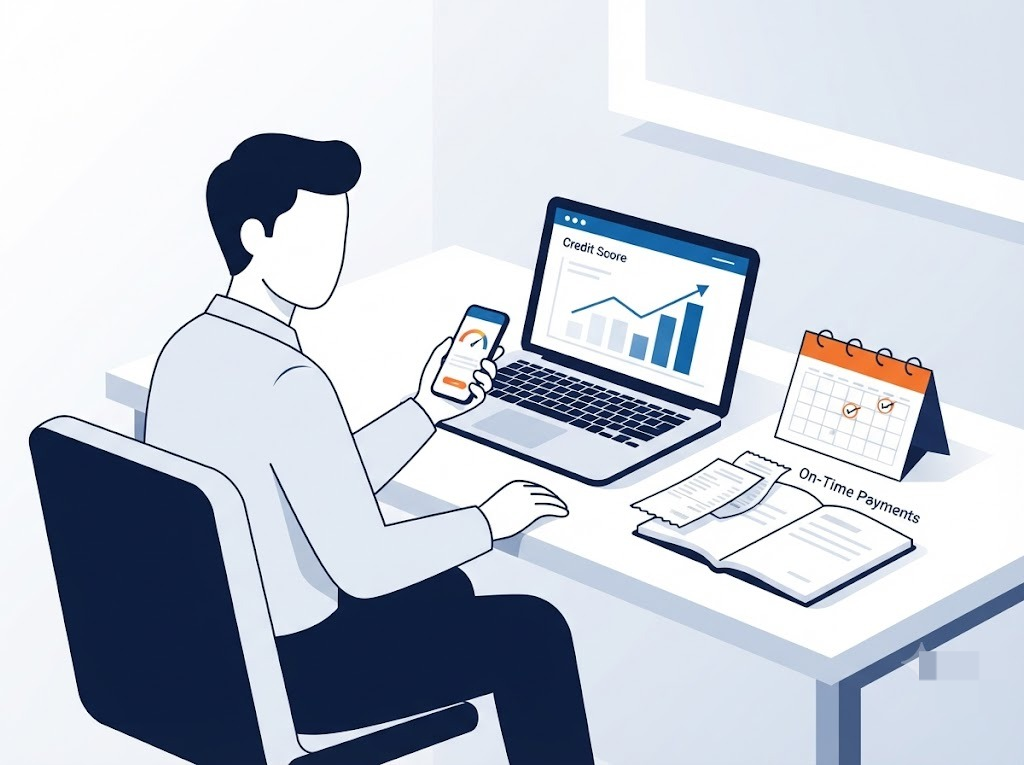 Young Indian borrower making on-time loan repayments to build a strong credit score after taking a first instant personal loan.