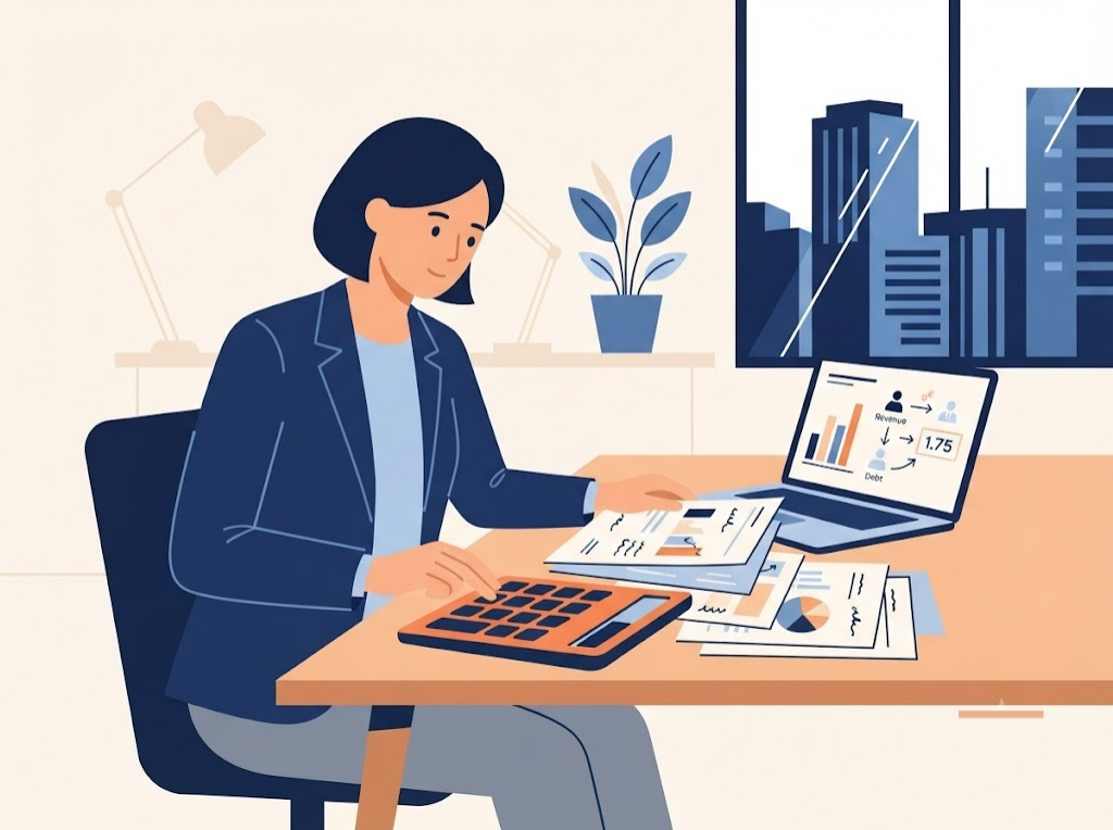 Business owner calculating debt service coverage ratio for a loan application