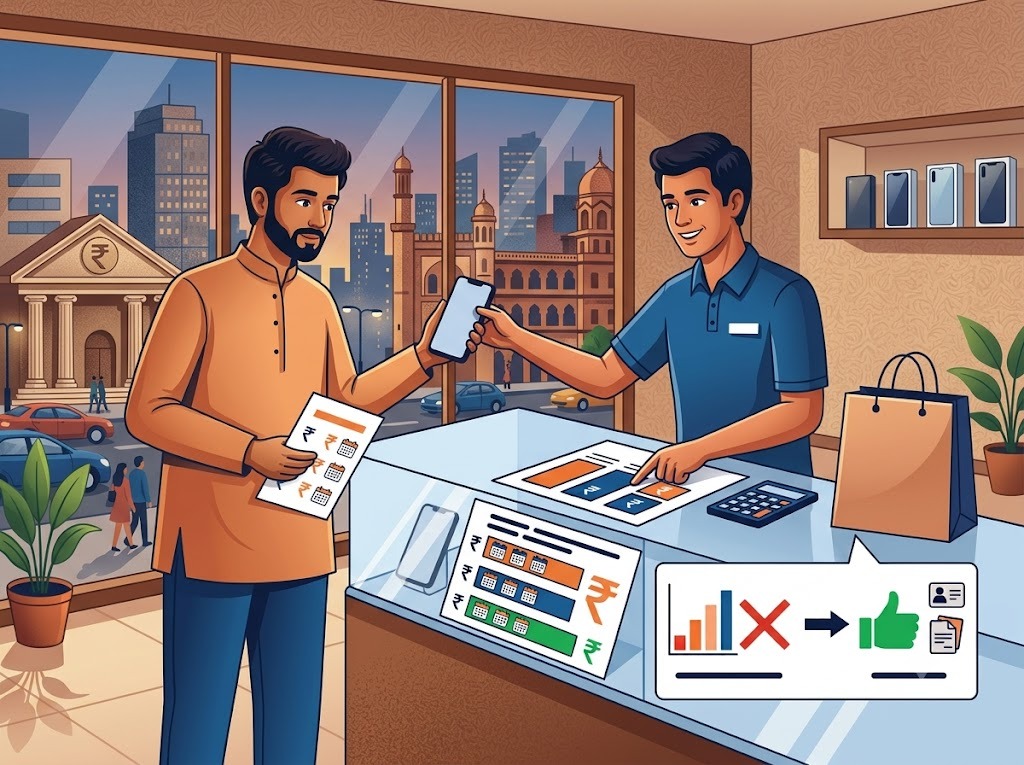 Young Indian man holding a smartphone at a retail store, mobile on EMI without CIBIL score, flat illustration in navy and orange