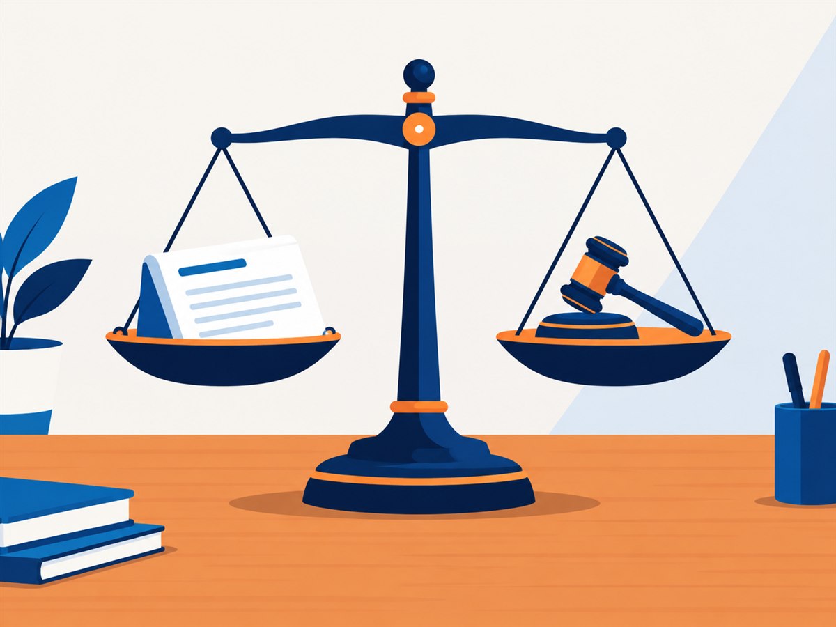 Scales of justice with a loan document on one side and a gavel on the other, personal loan default criminal or civil