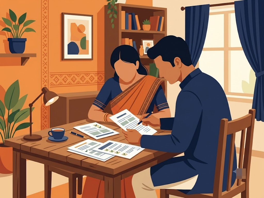 Indian couple reviewing Canara Bank one-time settlement documents at home.