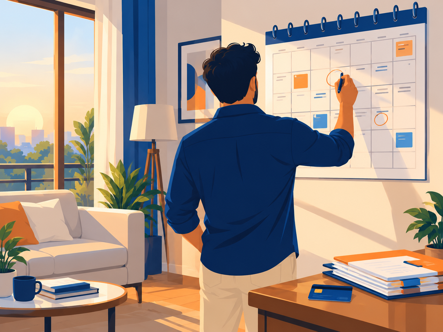 Flat illustration of an Indian borrower tracking credit card settlement stages on a wall calendar at home