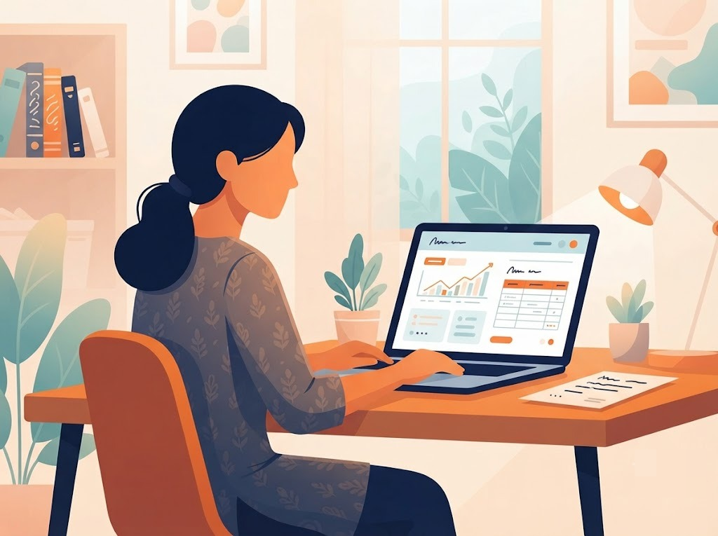 Indian woman reviewing credit report on laptop at home desk
