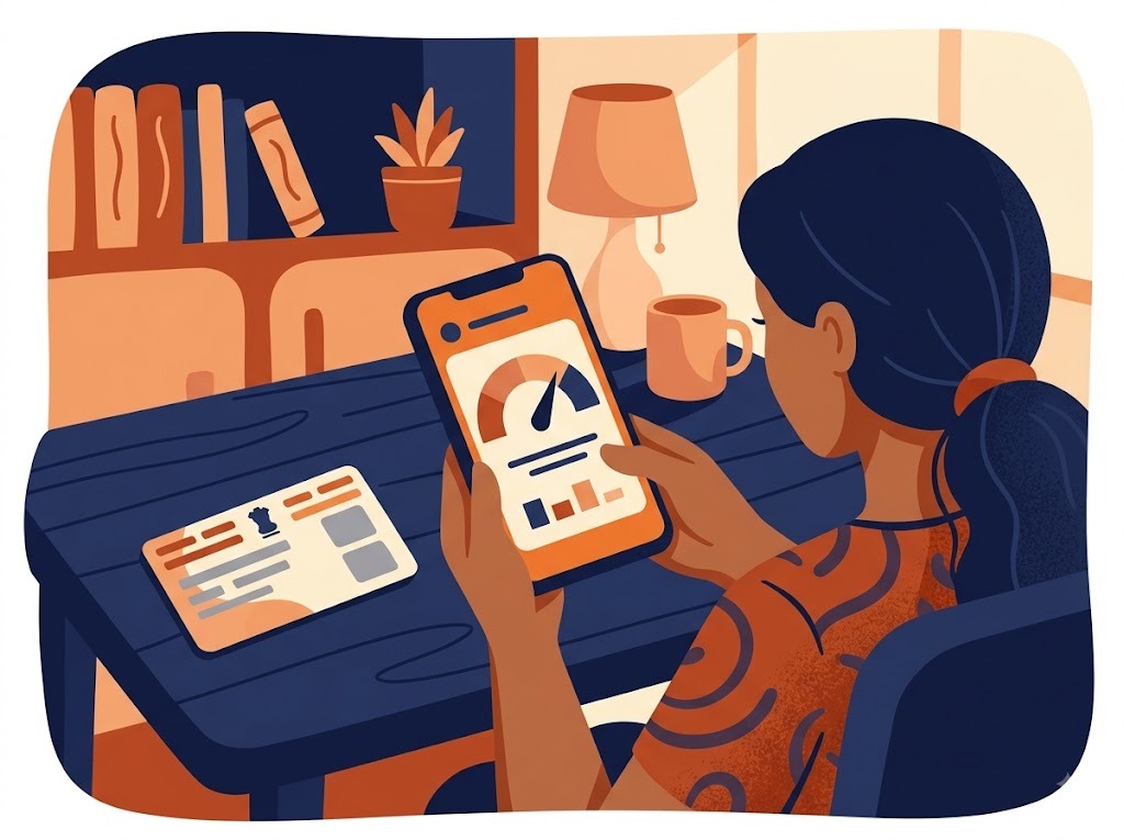 Person checking CIBIL score online using PAN card details on phone. Prompt: Flat-designPerson checking CIBIL score online using PAN card details on phone. Prompt: Flat-design