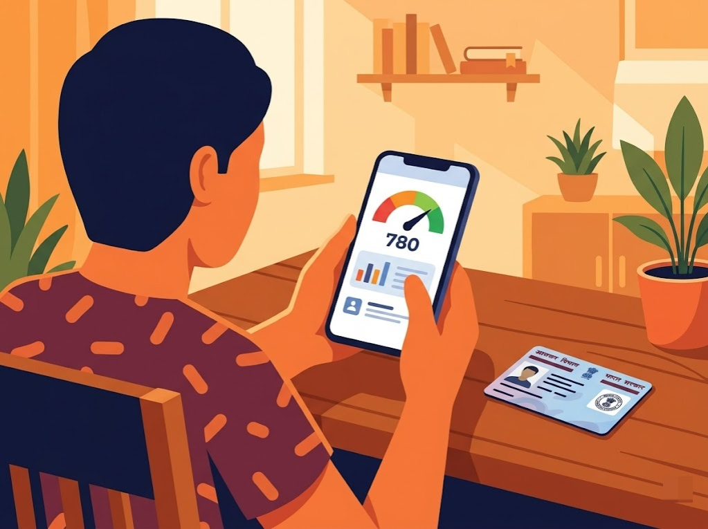 Person checking CIBIL score online using PAN card details on phone