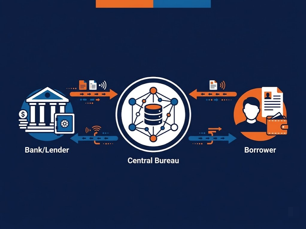 Diagram showing CIBIL membership structure with lenders reporting data and borrowers' credit information flow.