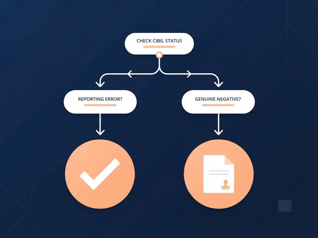 Decision tree graphic splitting CIBIL issues into reporting errors and genuine negative tags