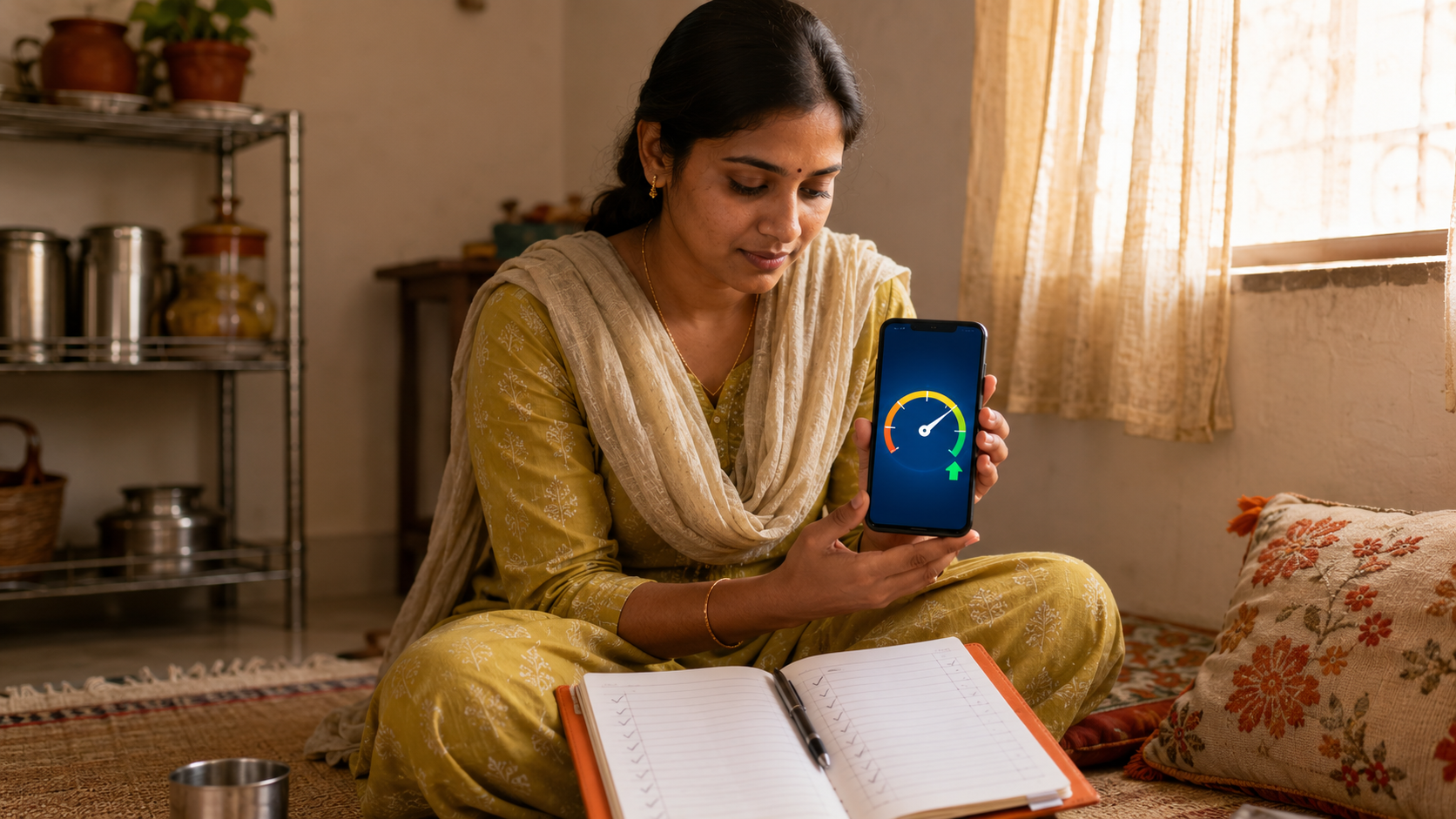 Indian woman checking an improving credit score on her phone while using a notebook checklist to track monthly payments at home.