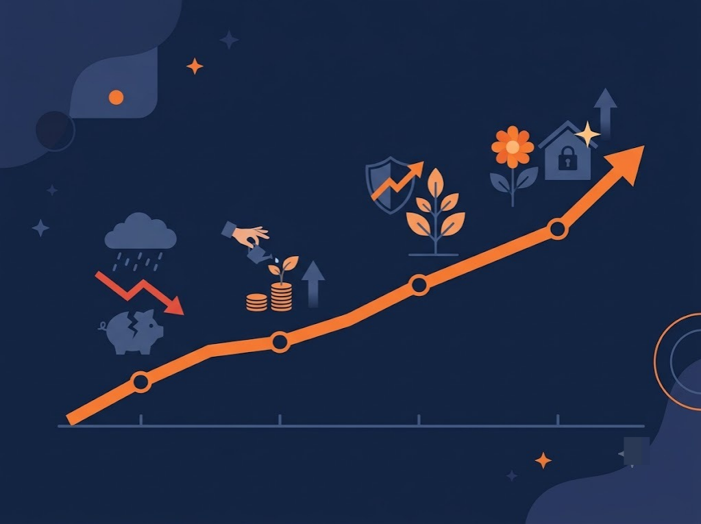 Timeline illustration showing gradual credit score recovery stages