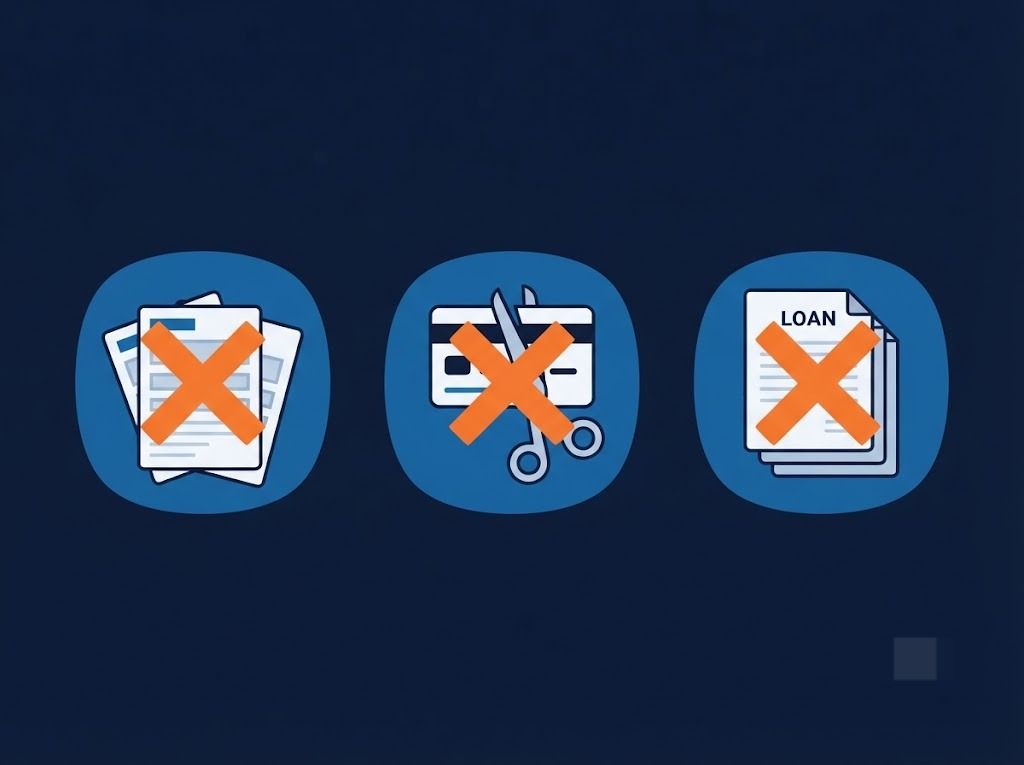 Flat-design illustration showing common credit score mistakes, including multiple applications and closing old cards, with red X indicators