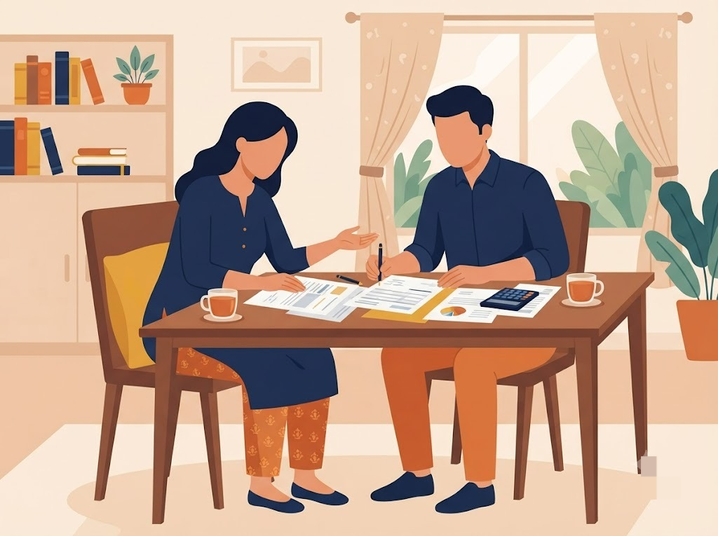 Indian couple reviewing loan options together at the home table