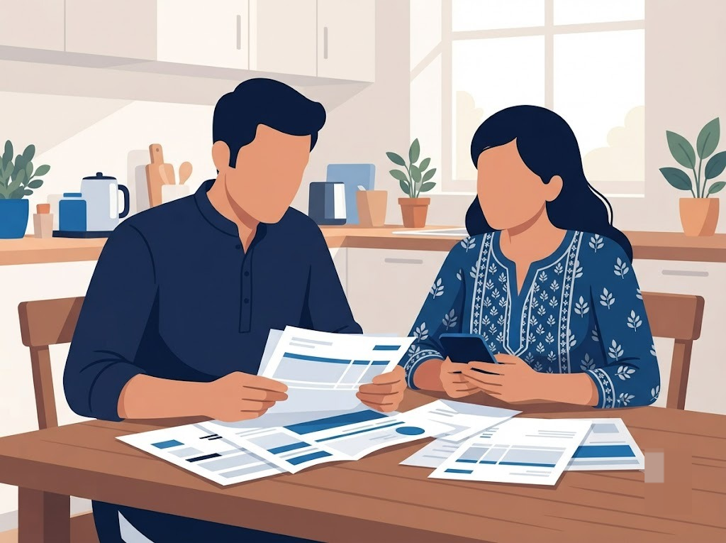 Indian man checking credit score improvement tips on phone at home