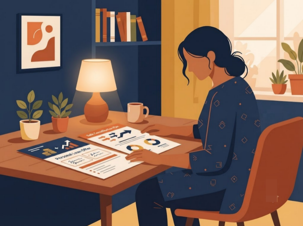 Indian person comparing a personal loan offer and a debt consolidation plan