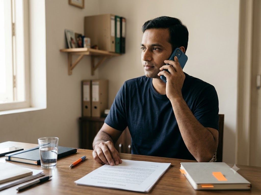 A composed Indian man in his late 30s sitting at a wooden desk in a bright home office, holding a conversation on a blue smartphone while looking away thoughtfully.