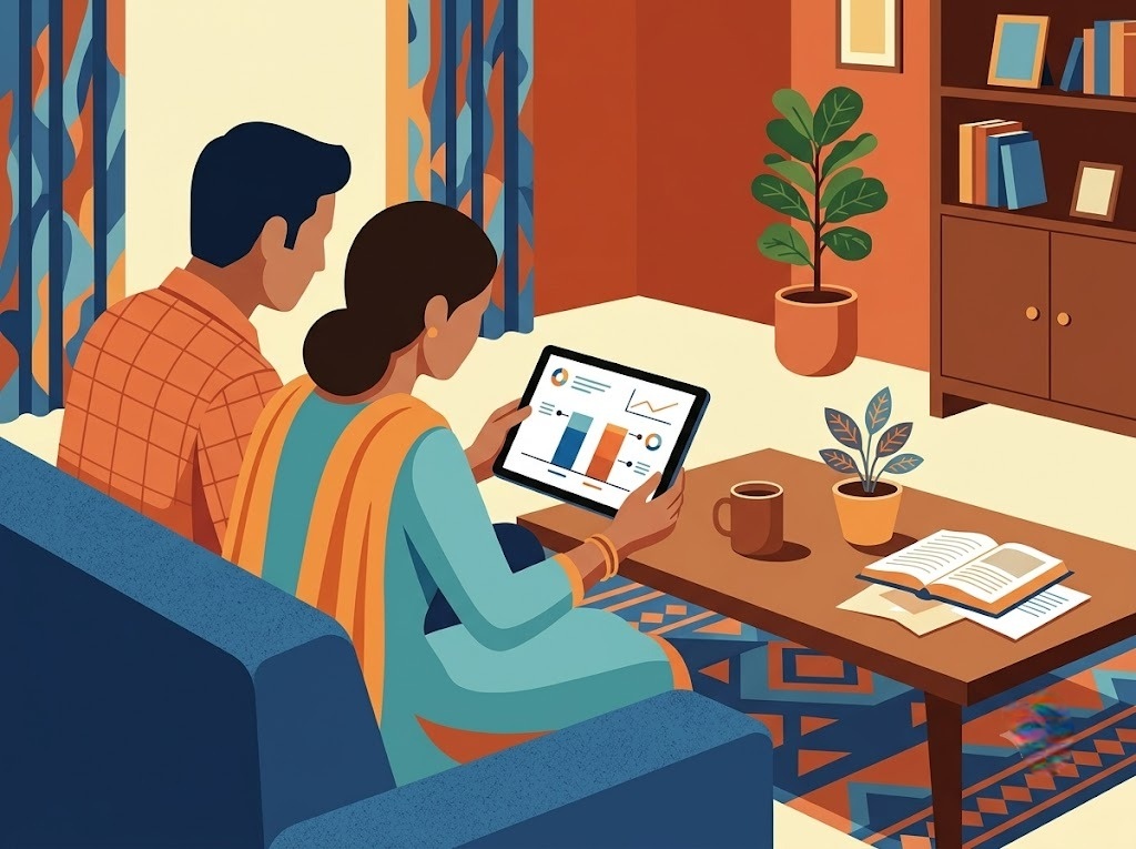 Indian couple reviewing single consolidated EMI plan on tablet at home