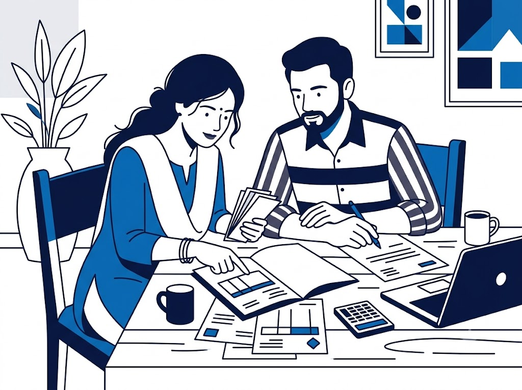 Indian couple reviewing multiple loan and card bills together at home