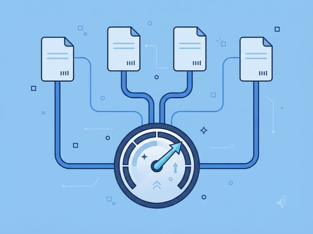 Illustration of four credit bureau icons feeding into one score gauge.