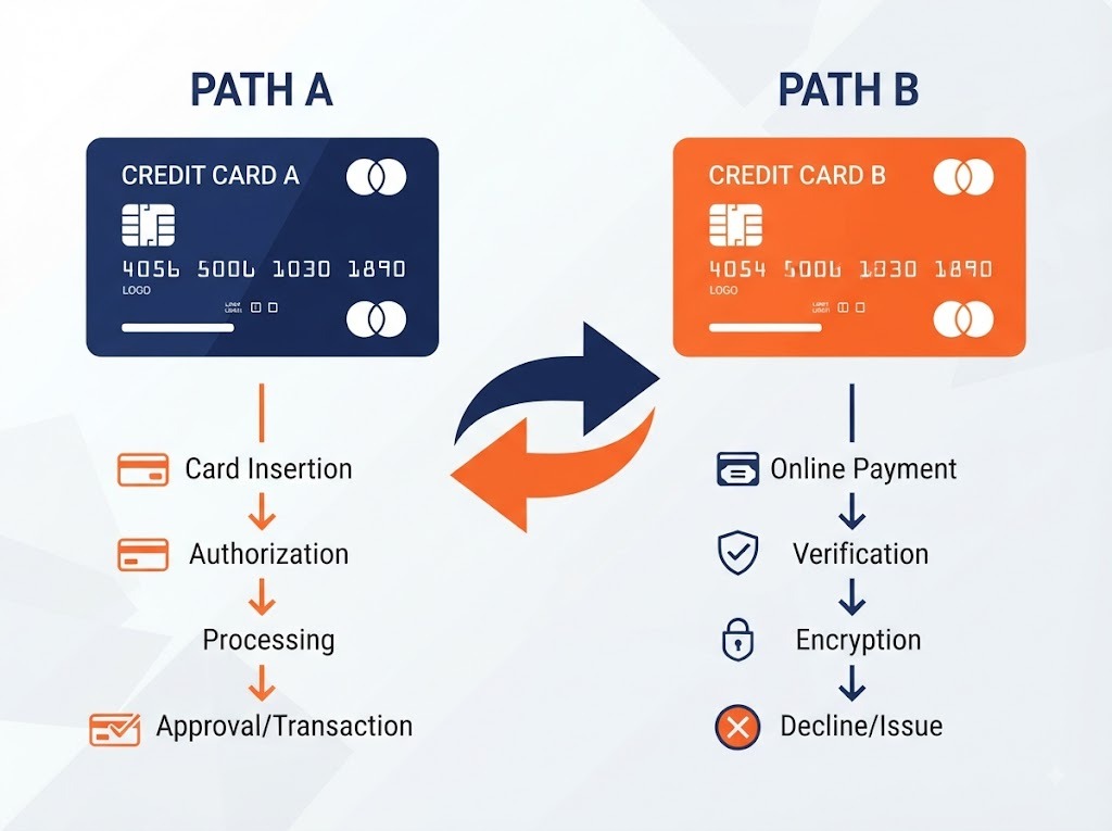 Illustration comparing two credit card paths side by side.