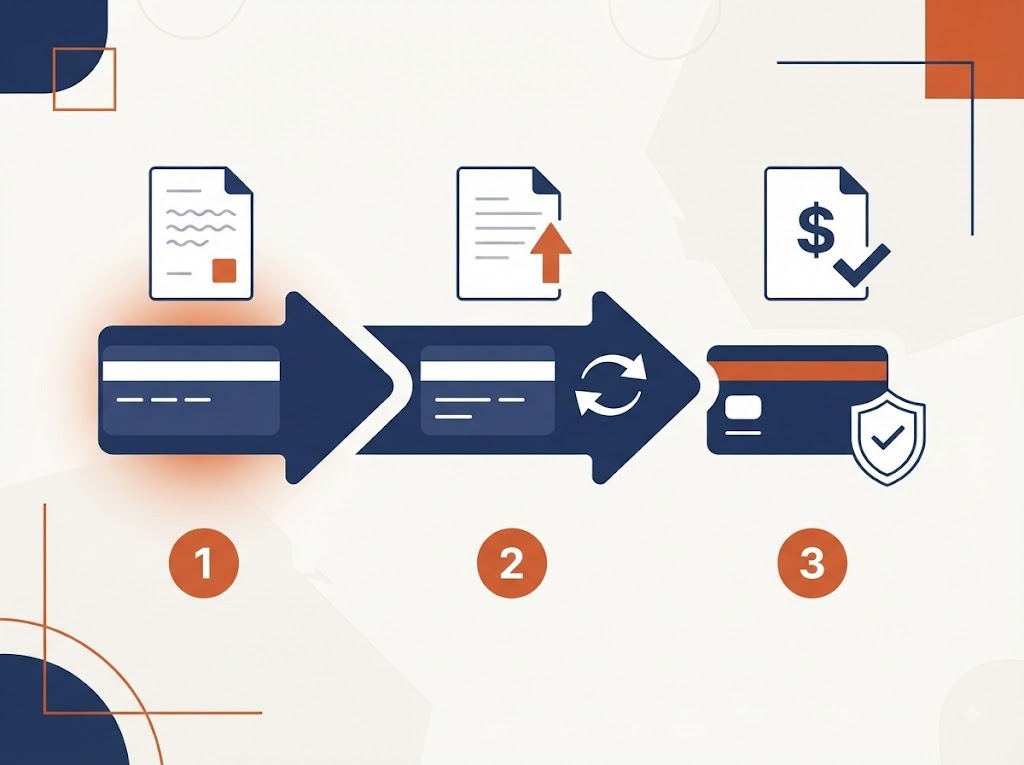 Step-by-step balance transfer process shown as simple connected icons