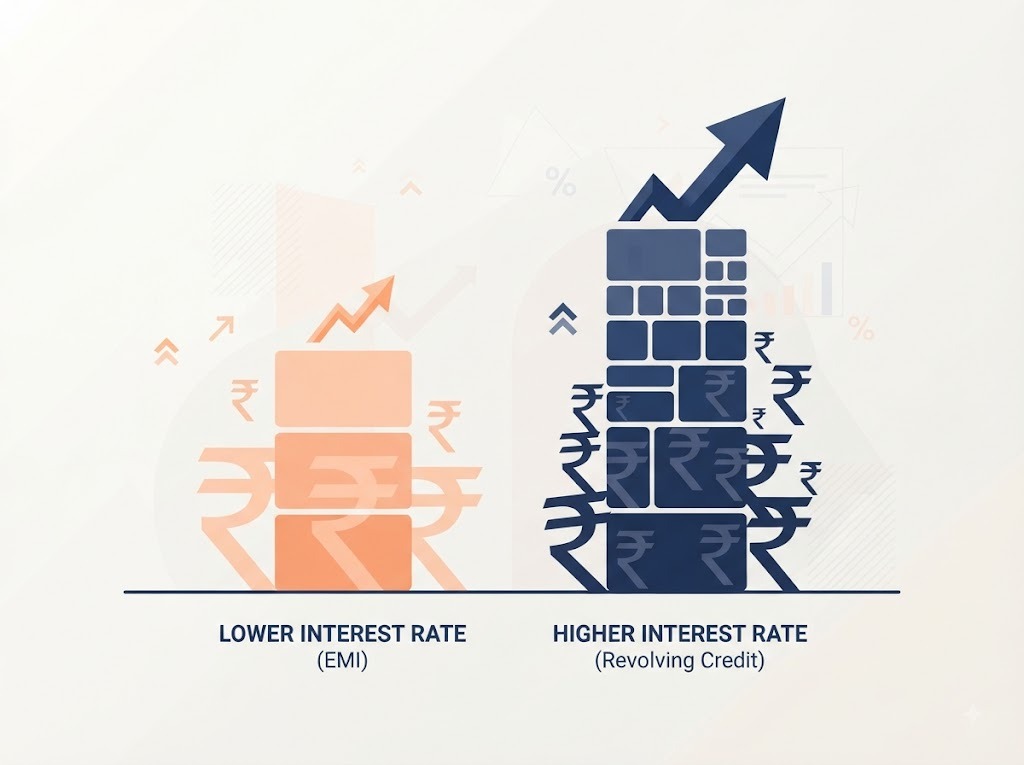 Illustration comparing credit card EMI interest rate against revolving credit interest