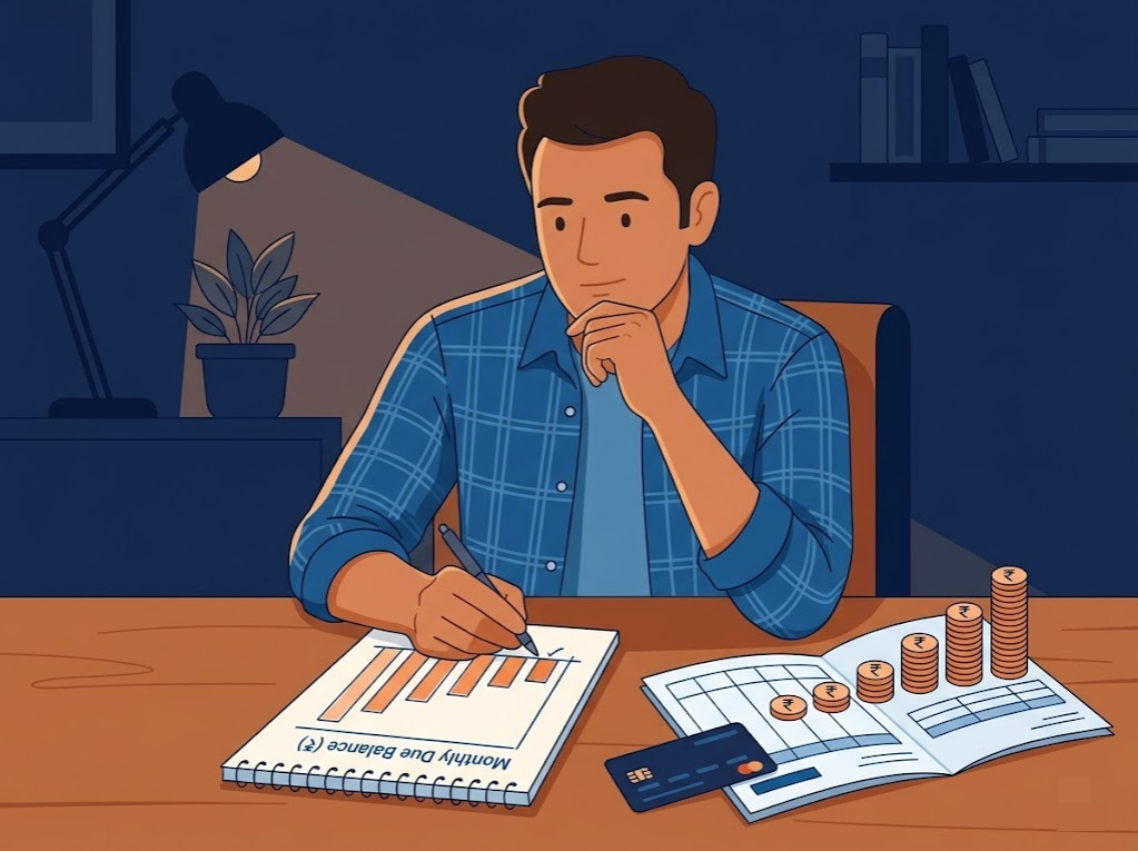 Indian man calculating credit card minimum due balance growing slowly over many months