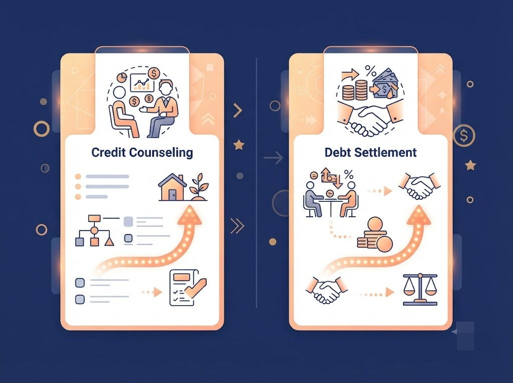 Side-by-side comparison graphic of credit counseling and debt settlement