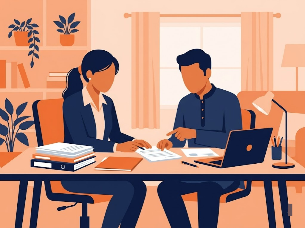 Indian counsellor and borrower reviewing debt documents together in a credit and debt counseling session.