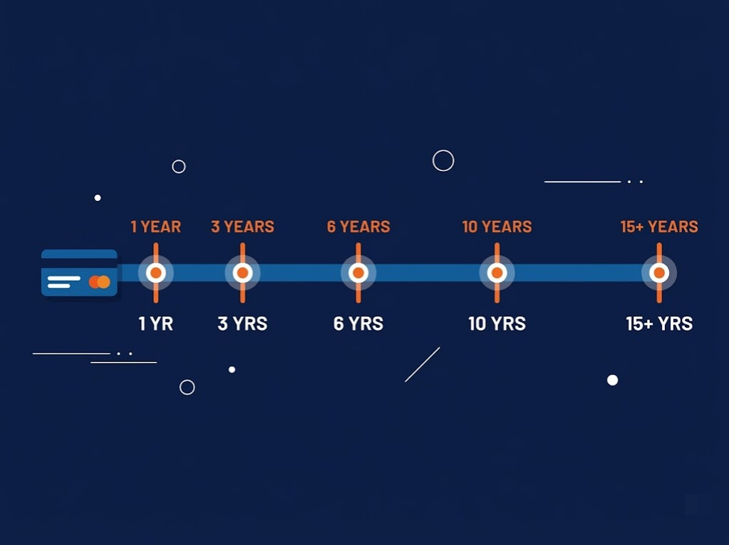 Timeline graphic showing account age growing longer over years, representing credit history length.