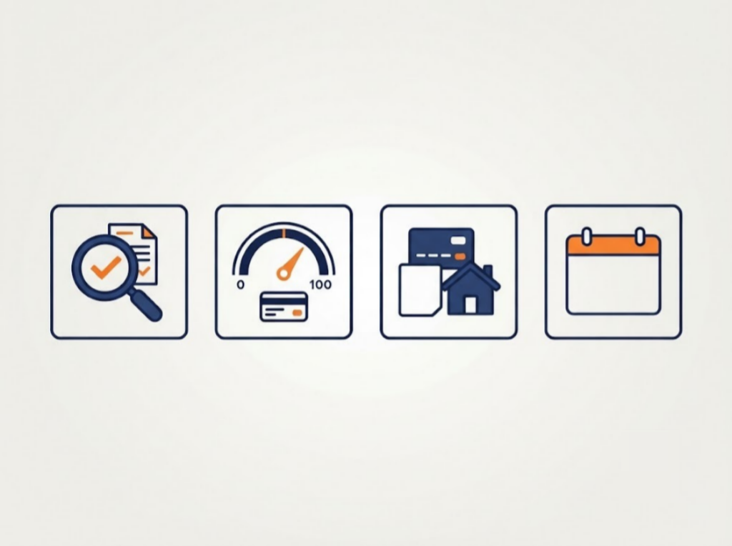 Four icons representing credit score factors: inquiry, utilisation, mix, and age