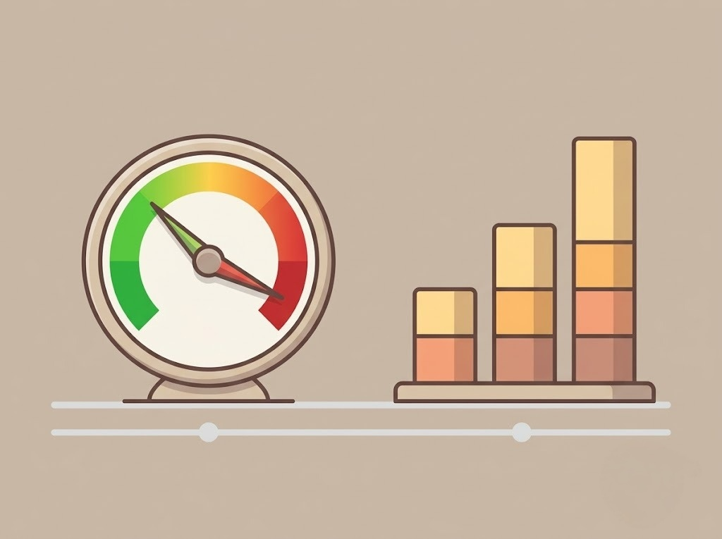 Credit score gauge with performance bars illustrating credit health, credit rating improvement, and financial score analysis for loan eligibility.
