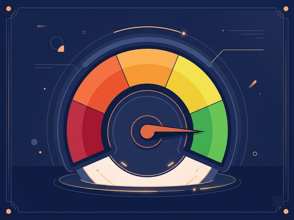 Illustration of credit score gauge showing range from low to good.