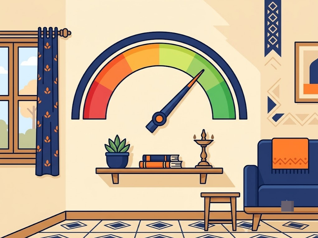 a semicircular score gauge dial with colour bands red to green, minimal Indian home background