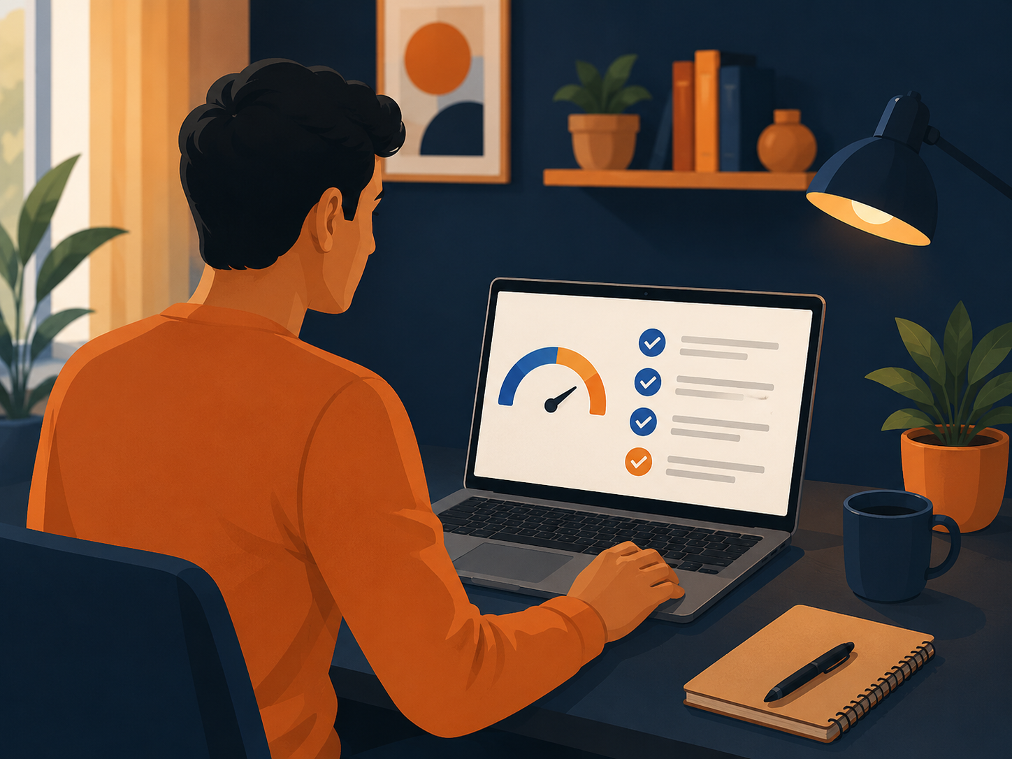 Indian person reviewing a credit score improvement service checklist on a laptop