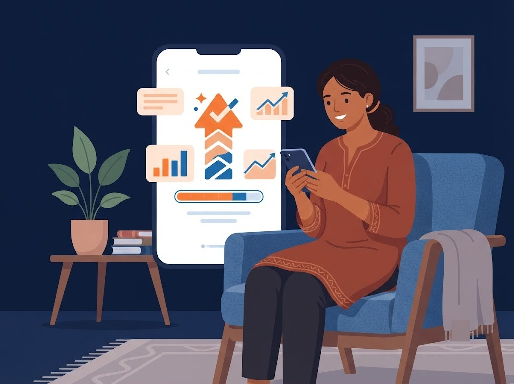 Indian woman checking credit score improvement recommendations on phone