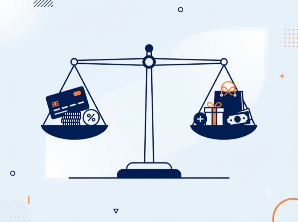 Scale illustration balancing credit utilisation against spending temptation.