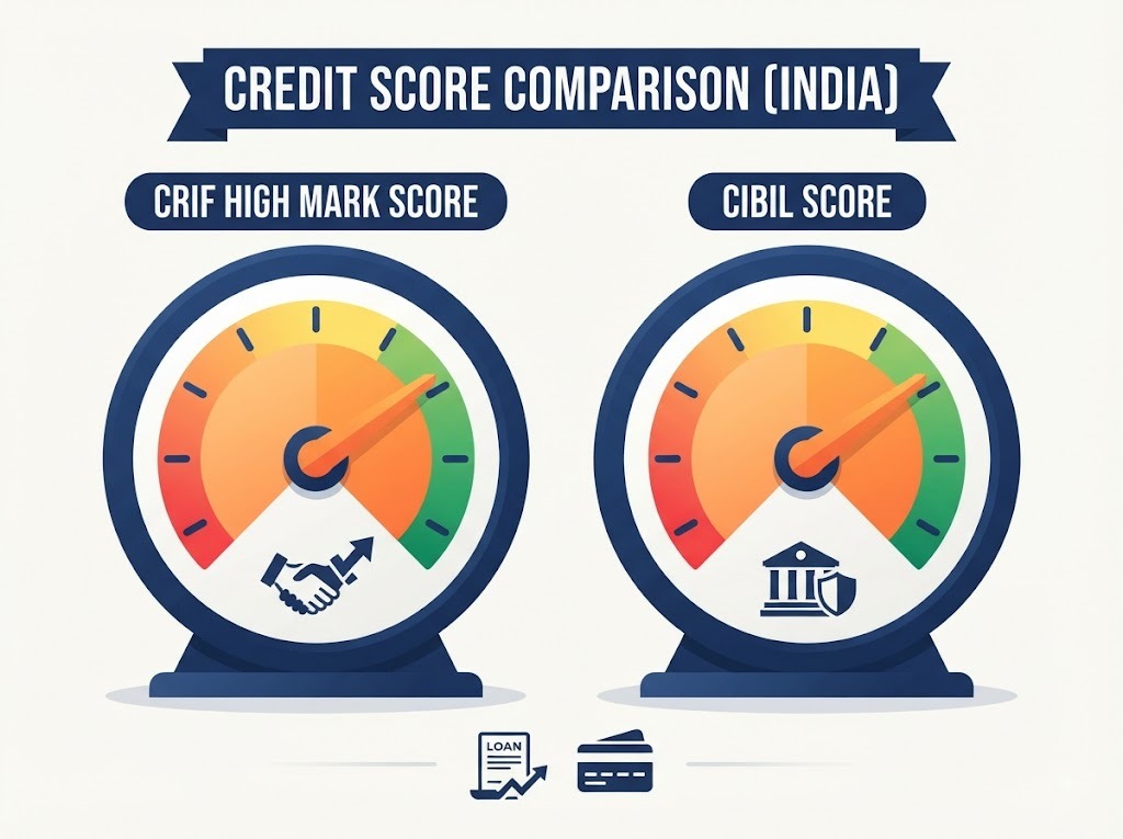 Illustration comparing CRIF High Mark score and CIBIL score in India
