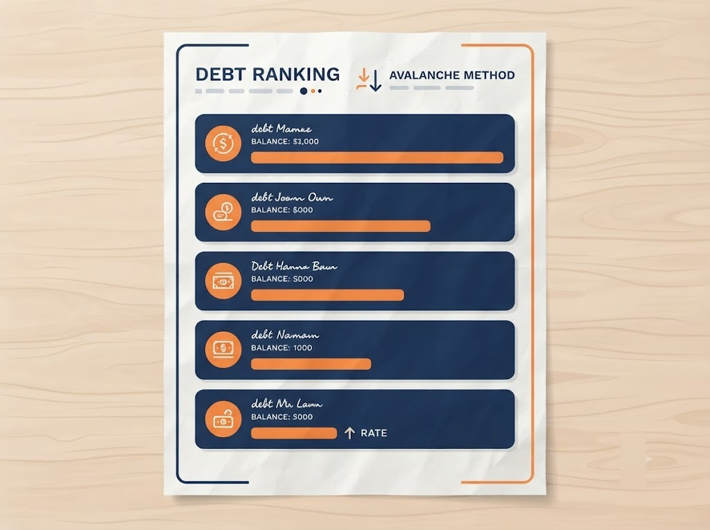 Ranked list of debts by interest rate for avalanche method