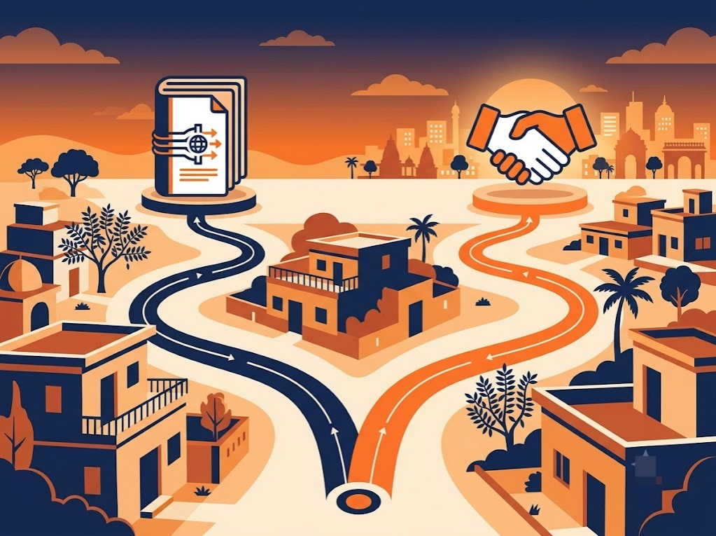 Two simplified paths diverging from one point, one leading to a single merged document