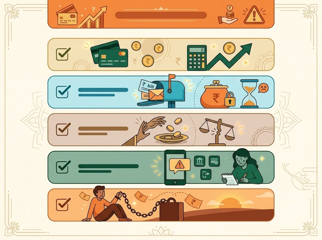 Checklist illustration of warning signs indicating the need for debt help in India