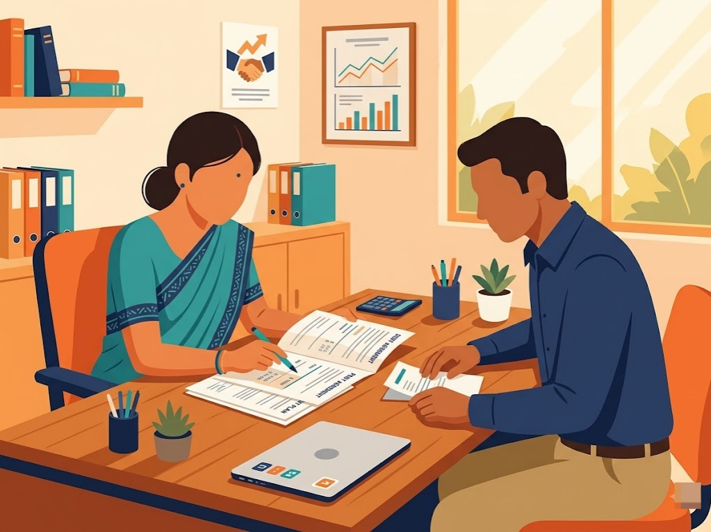 Debt relief counseling process shown through counsellor reviewing loan papers with client.