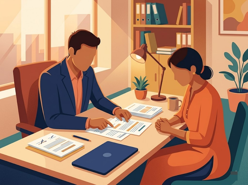 Debt relief counseling process shown through counsellor reviewing loan papers with client