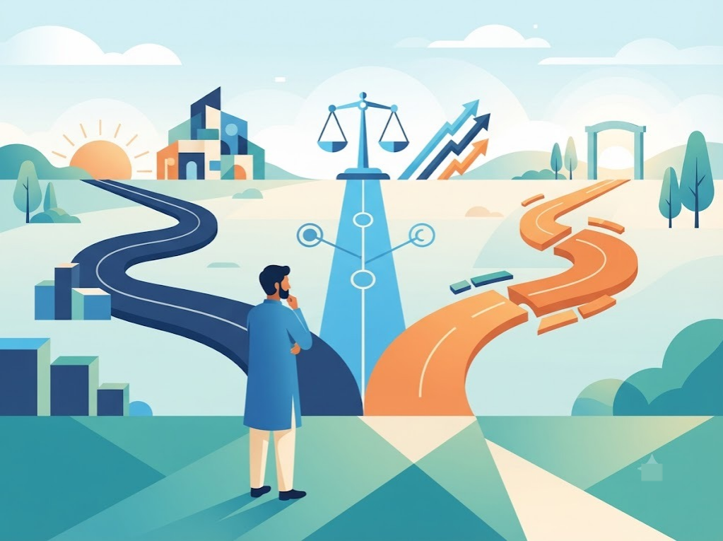 Illustration of three debt paths, restructuring, consolidation and settlement, as branching roads