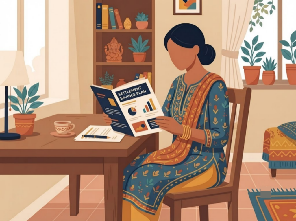 Indian person reviewing a settlement savings plan with calm reassurance."