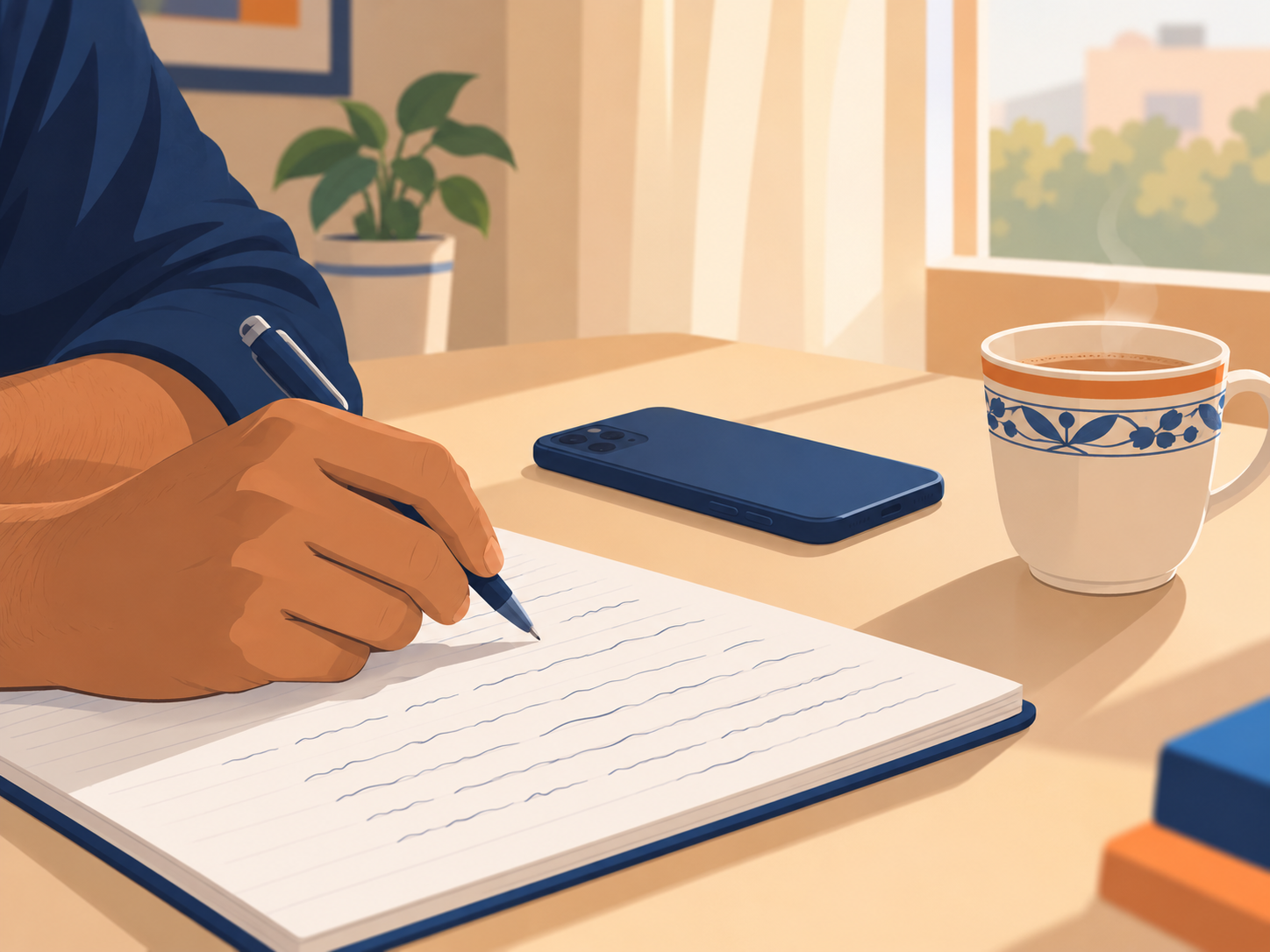 Indian borrower writing notes for a debt settlement script before calling his bank