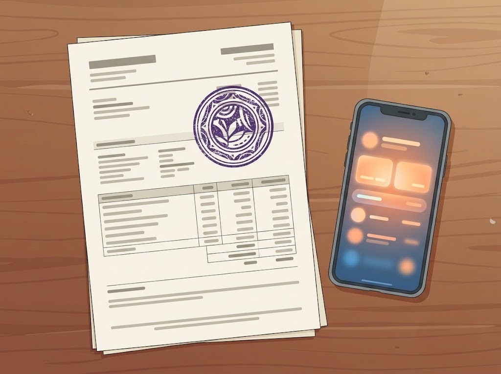 Man speaking on a mobile phone while reviewing official documents, illustrating customer verification, document processing, and remote support services.