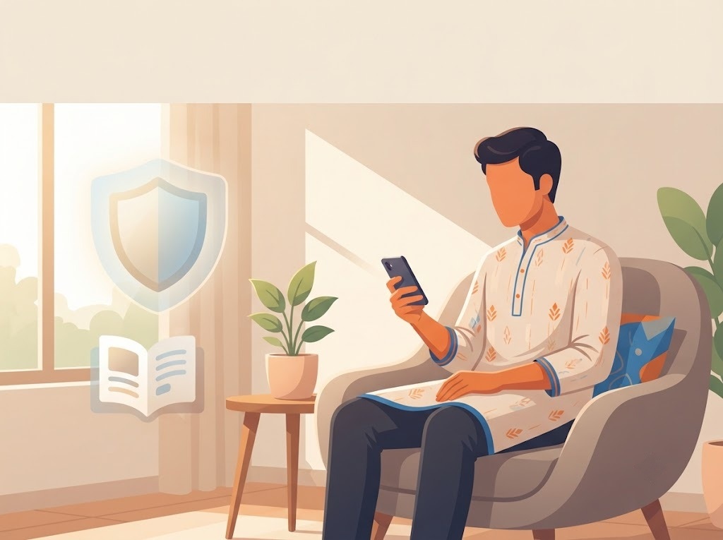 Person using a smartphone to access a secure digital document verification app with security and document icons displayed.